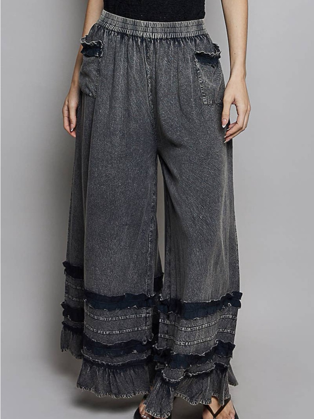 Elasticized Waistband Ruffle Detail Wide Leg Woven Pant nts